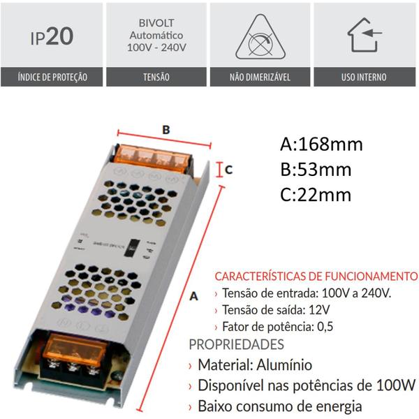 Imagem de Kit 4 Fonte Driver 12V Max 100w 8,5A Bivolt Fita Led Perfil