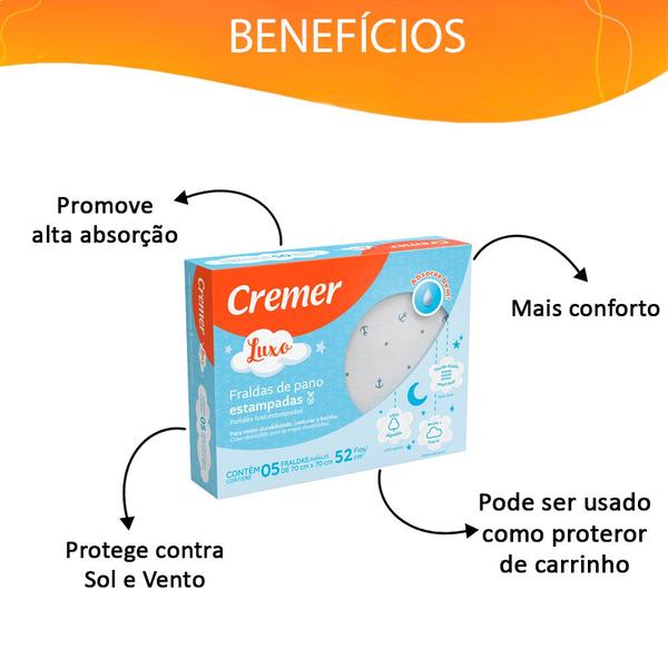 Imagem de Kit 4 Fralda de Pano Cremer Luxo Estampa Masculina Algodão Tecido Duplo 5 Uni