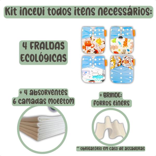 Imagem de Kit 4 Fralda Ecológica Reutilizável De Pano + 4 Absorvente