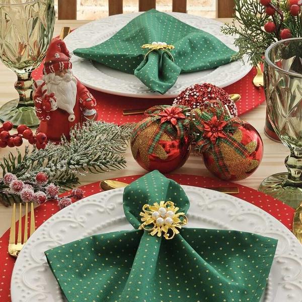 Imagem de Kit 4 Guardanapo de Tecido e Anel Dourado  - Decoração Natal