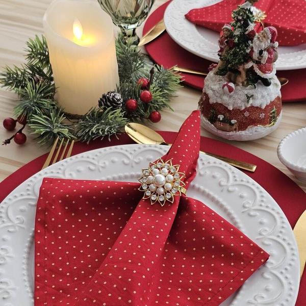 Kit 4 Guardanapo de Tecido e Anel Dourado - Decoração Natal - Criarte Opções Imagem de Kit 4 Guardanapo de Tecido e Anel Dourado - Decoração Natal