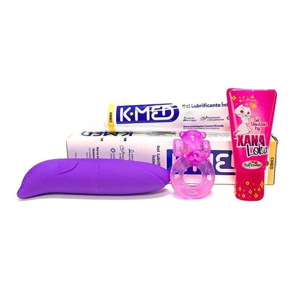 Imagem de Kit 4 Itens Eróticos Muito Prazer Vibrador Anel Peniano Excitante e Lubrificante