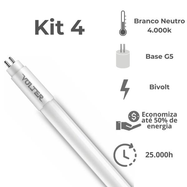 Imagem de Kit 4 Lâmpada Led Tubular Volter 9w T5 55cm G5 bivolt branco neutro 4000k 950lm