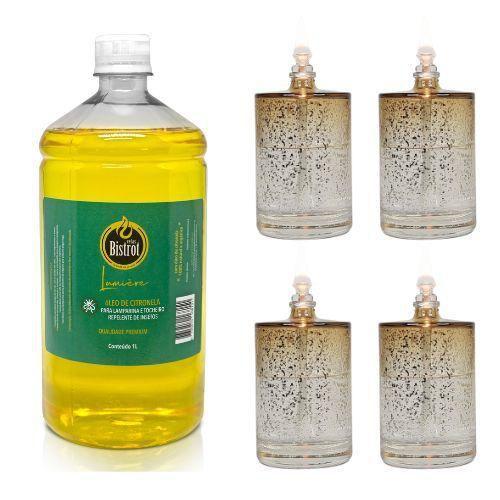 Imagem de Kit 4 Lamparinas Decorativa Sonhos Dourados+ 1L De Citronela