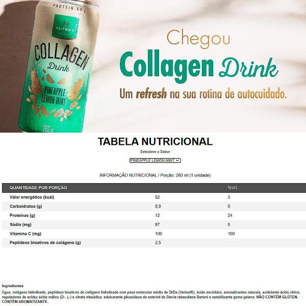 Imagem de Kit 4 Latas Collagen Drink Abacaxi Hortelã Limão 260ml Colágeno Líquido Bebida Drinque