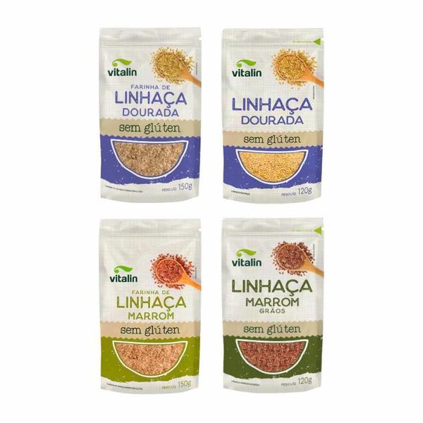 Imagem de Kit 4 Linhaça Vitalin: Linhaça Dourada, Farinha de Linhaça Dourada, Linhaça Marrom, Farinha de Linhaça Marrom