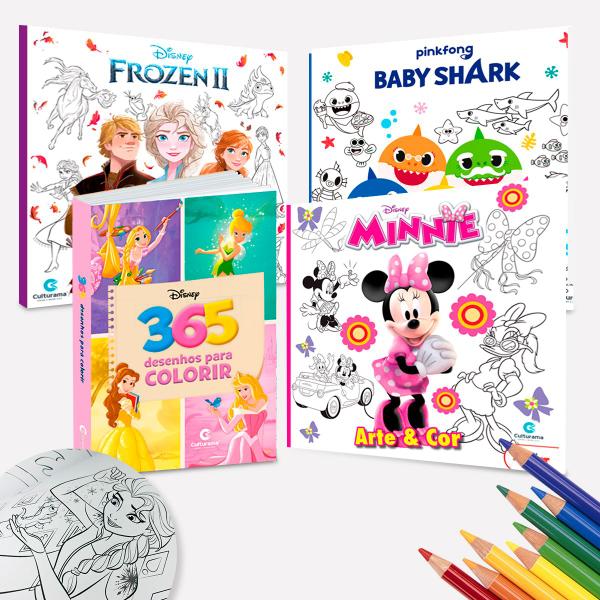 Imagem de Kit 4 Livros Para Pintar Colorir Desenhar Disney Princesas Frozen BabyShark e Minnie Mouse Diversão 36 Desenhos