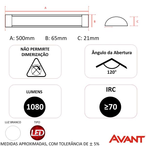 Imagem de Kit 4 Luminaria Preta 18w Sobrepor Slim 50cm Branco Frio 6500K