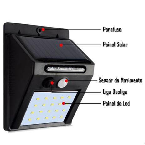 Imagem de Kit 4 Luminária Solar 30 Leds Refletor Led Parede Jardim Piscina Externo Com Sensor Movimento Resistente Sol Chuva