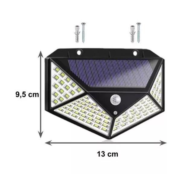 Imagem de Kit 4 Luminárias Refletor LED Energia Solar 100 LED Sensor Presença Sem fio Extra Forte Parede Branca Externa Jardim Rua