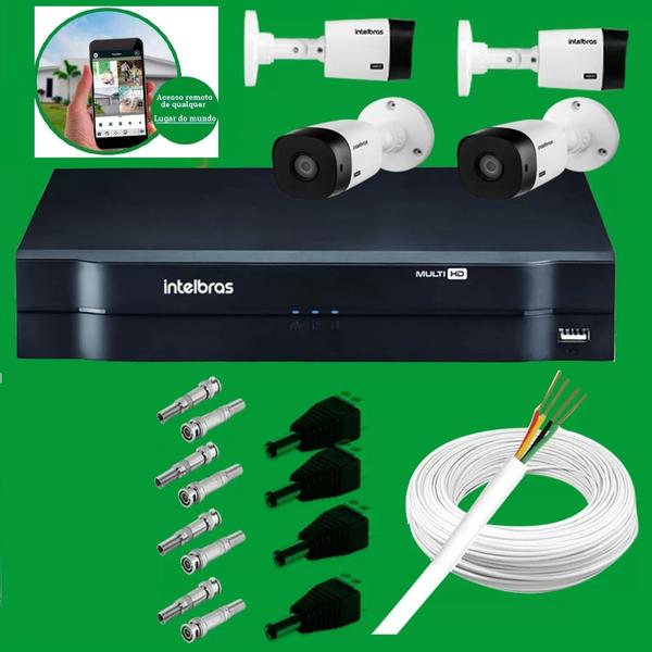 Imagem de KIT 4 monitoramento completo. DVR 1104 + 4 câmeras 1120 Intelbras + Cabo + conectores