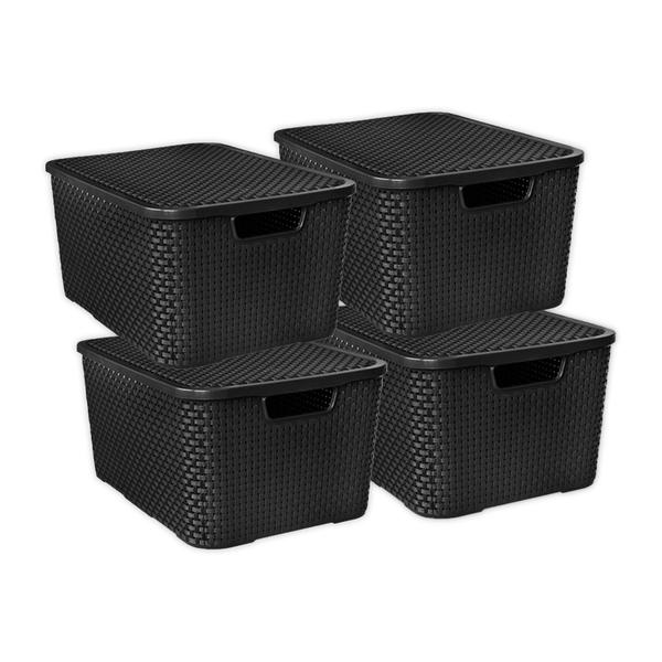 Imagem de Kit 4 Organizador Rattan Plástico Com Tampa 15 Litros Preto