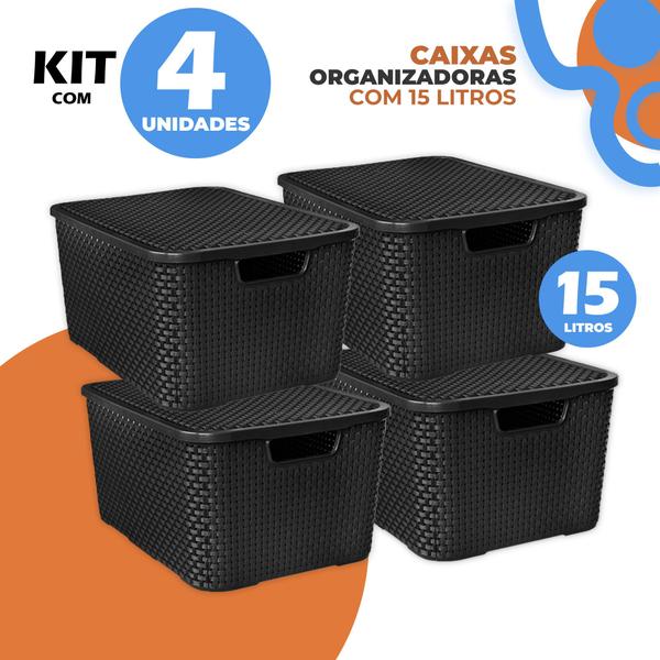 Imagem de Kit 4 Organizador Rattan Plástico Com Tampa 15 Litros Preto