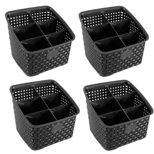 Kit 4 Organizadores Multiuso Rattan Com 6 Divisórias Preto - Nitron Imagem de Kit 4 Organizadores Multiuso Rattan Com 6 Divisórias Preto