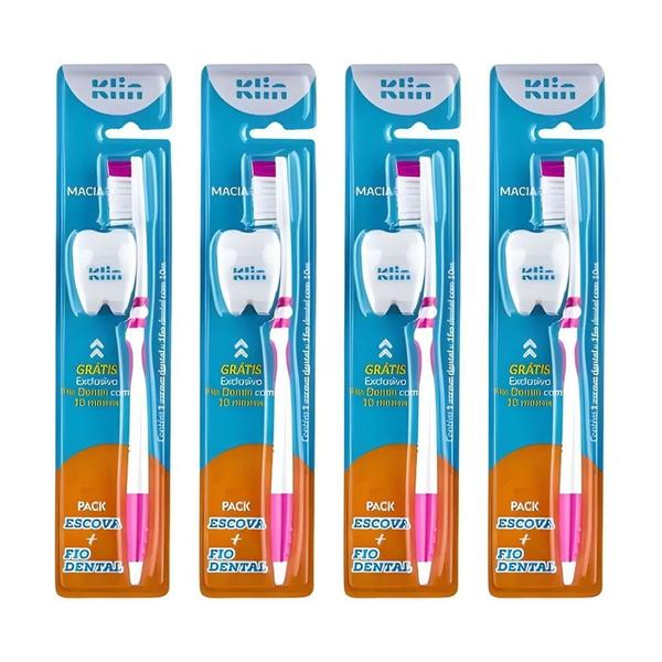 Imagem de Kit 4 Pack Escova Dental Macia Rosa + Fio Dental 10m Klin