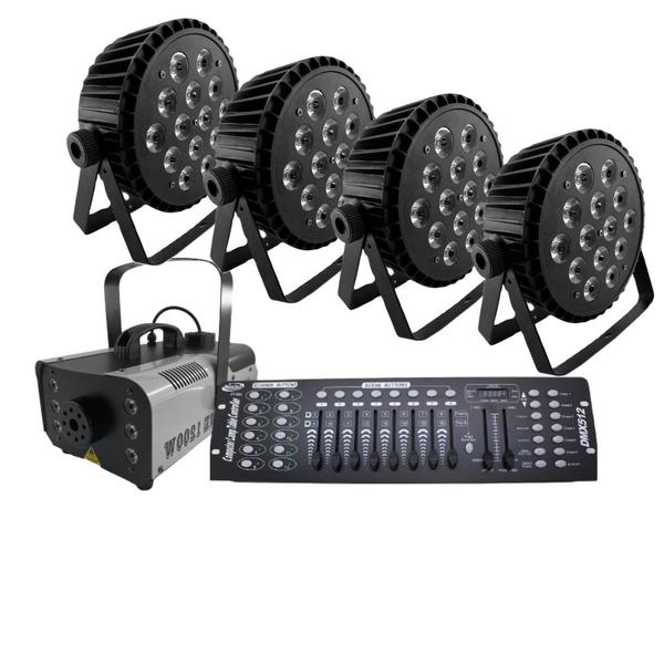 Imagem de Kit 4 par led slim   máquina de fumaça 1200w   mesa dmx 512