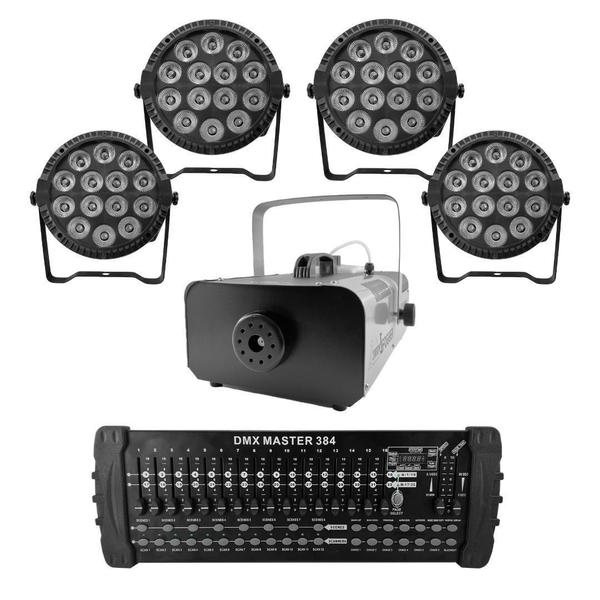 Imagem de Kit 4 Par Led Slim + Máquina De Fumaça 2000W + Mesa Dmx 384