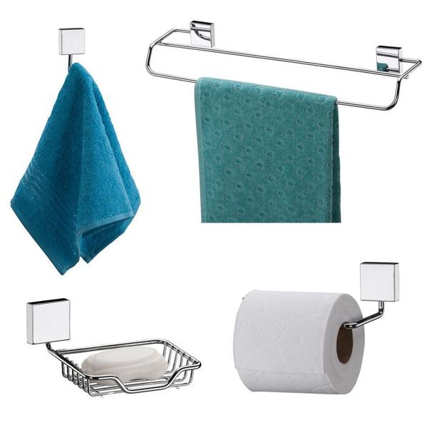 Kit 4 Pçs Saboneteira + Toalheiro + Cabide + Papeleira Banheiro Inox Cromado - Future Imagem de Kit 4 Pçs Saboneteira + Toalheiro + Cabide + Papeleira Banheiro Inox Cromado - Future