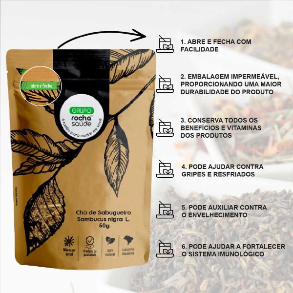 Kit 4 pct Chá de Sabugueiro - Sambucus Nigra - L. 50g cada - Rocha Saúde Imagem de Kit 4 pct Chá de Sabugueiro - Sambucus Nigra - L. 50g cada