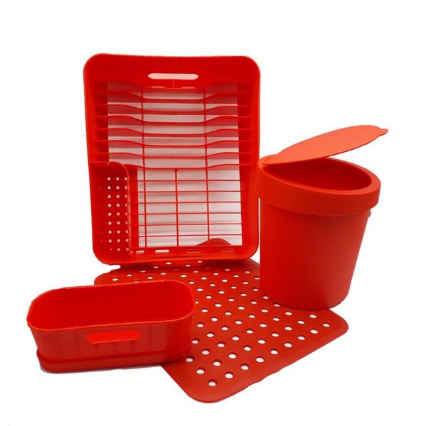 Imagem de Kit 4 Peças Escorredor, Grade, Organizador, Lixeira Vermelho