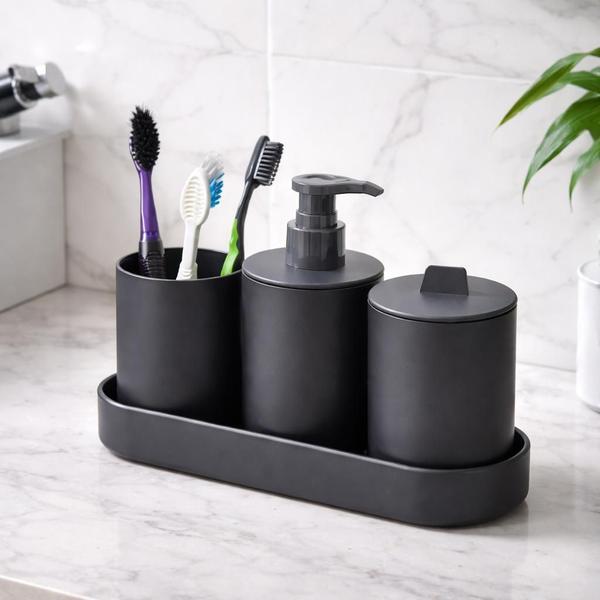 Kit 4 Peças Pia Banheiro Dispenser Porta Escova Algodão Preto Fibra Bambu - LYOR