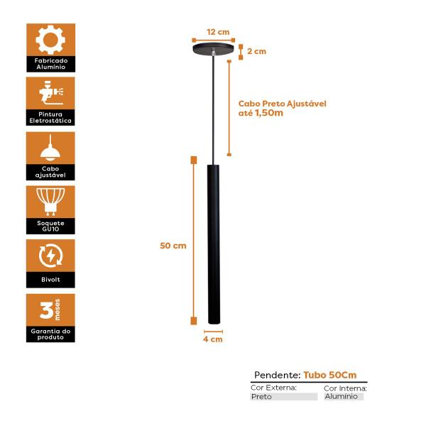 Imagem de Kit 4 Pendente Luminária Tubo Preto 50 Cm