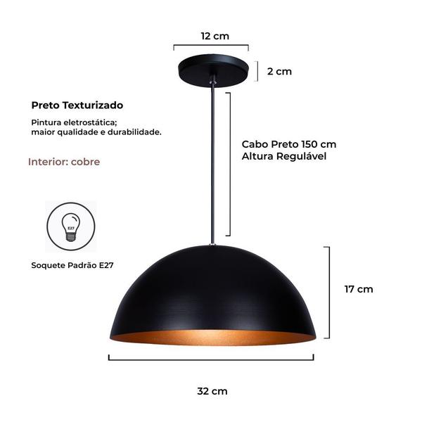 Imagem de Kit 4 Pendente Lustre Luminária Meia Lua 30cm Preto