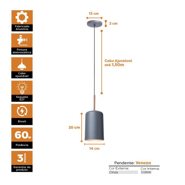 Imagem de Kit 4 Pendente Lustre Luminária Veneza Cinza