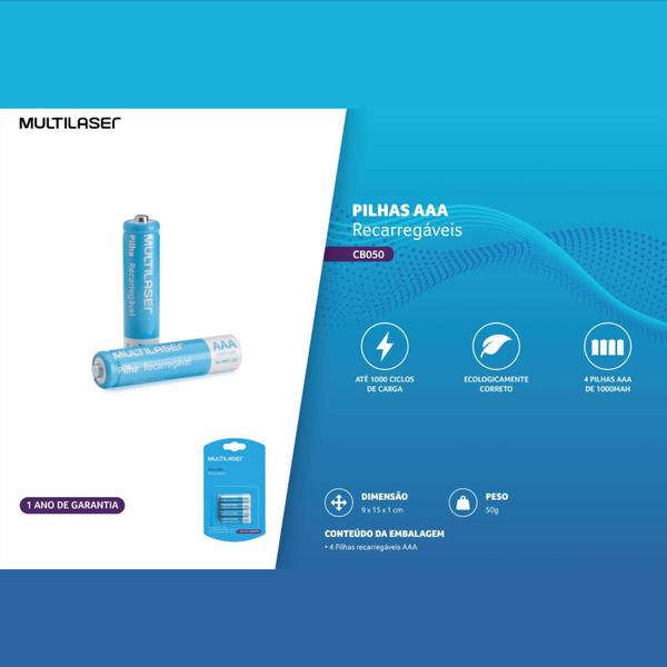 Imagem de Kit 4 Pilha Recarregável AAA 1000 Mah 1.2V Cilíndrica Para Controle Remoto Caixa De Som Brinquedo Relógio