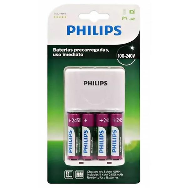 Imagem de Kit 4 Pilhas AA mAh C/ Carregador Recarregáveis 2450 Philips