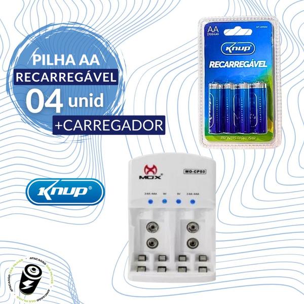 Imagem de Kit 4 pilhas AA Recarregável 2700 mAh + Carregador Auto Stop