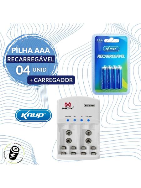 Imagem de Kit 4 pilhas AAA Recarregável 1100 mAh + Carregador Auto Stop