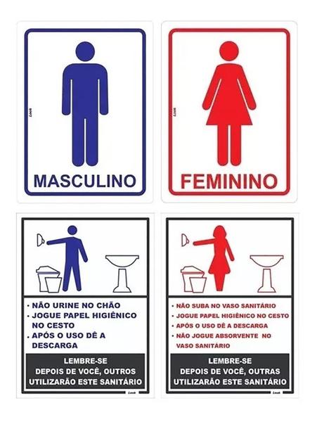 Imagem de Kit 4 Placas de Sinalização - Banheiro Sanitário Masculino e Feminino com Regras de Utilização para Porta de Lavabo (Homem e Mulher)