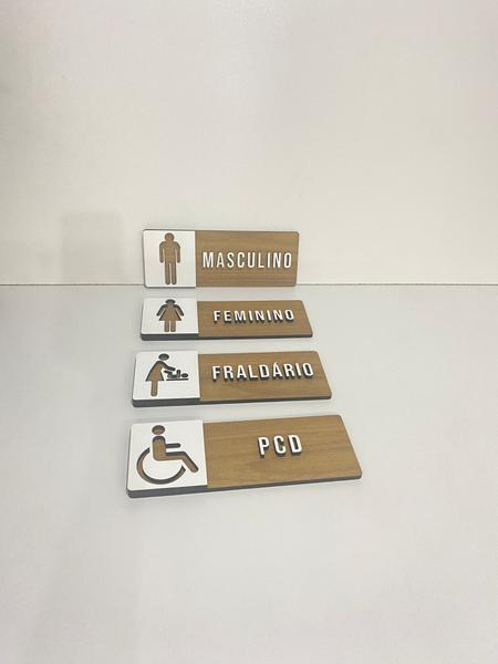 Imagem de Kit 4 Placas Sinalização Banheiro Masculino/Feminino/PCD/Fraldário em mdf