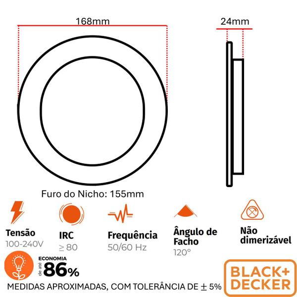 Imagem de Kit 4 Plafon Redondo Embutir 12w Preto Branco Quente 3000K