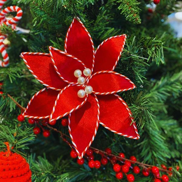 Imagem de Kit 4 Poinsetia Decorativa Natalina Vermelha com Bordas Vermelha e Branca 35cm Tok da Casa