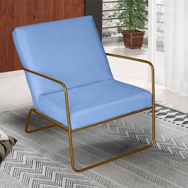 Imagem de KIT 4 Poltrona para Descanso Iza Base de Ferro Dourado Jardim Varanda Suede Azul Turquesa - Móveis Mafer