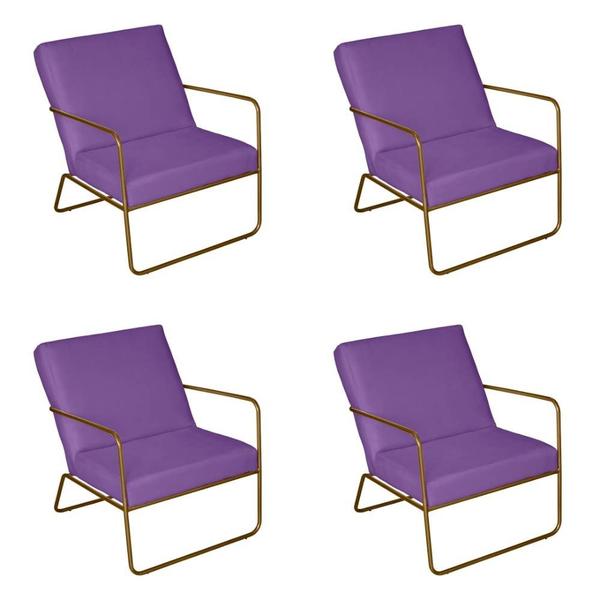 Imagem de KIT 4 Poltrona para Descanso Iza Base de Ferro Dourado Jardim Varanda Suede Roxo - Móveis Mafer