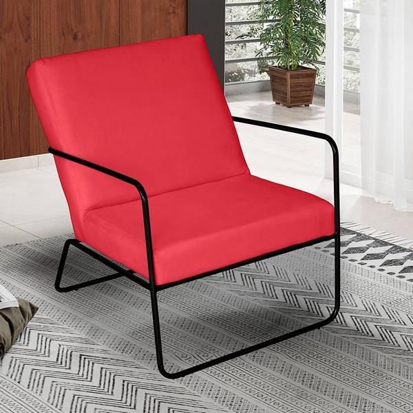 Imagem de KIT 4 Poltrona para Descanso Iza Base de Ferro Preto Jardim Varanda Suede Vermelho - Móveis Mafer