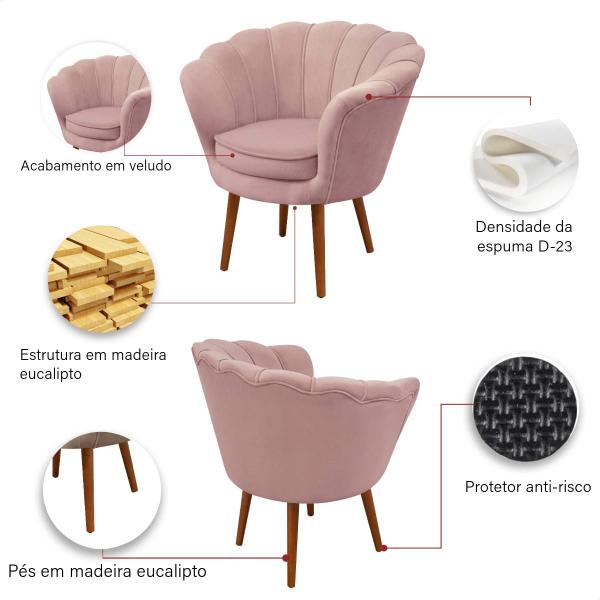 Imagem de Kit 4 Poltrona Sala Decorativa Pétala Veludo Rosa Pés Palito Castanho 