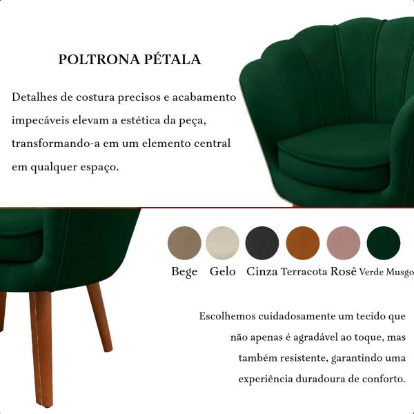 Imagem de Kit 4 Poltrona Sala Decorativa Pétala Veludo Verde Pés Palito Castanho 