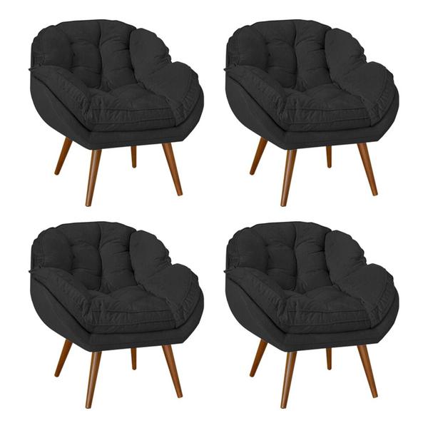 Imagem de Kit 4 Poltronas Decorativa Ágata Prime Veludo Preto Base Fixa em Madeira Maciça