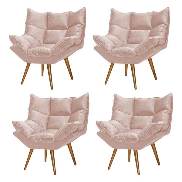 Imagem de Kit 4 Poltronas Decorativa Luxor Prime Veludo Rose Base Fixa em Madeira Maciça