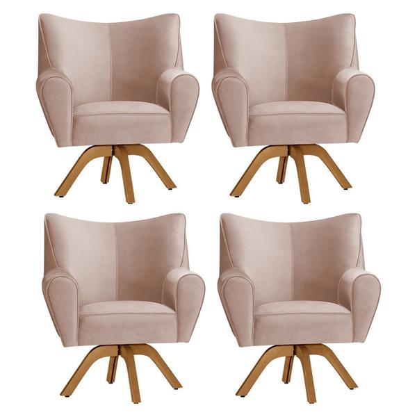 Imagem de Kit 4 Poltronas Decorativa Nice Prime Veludo Rose Base Giratória em Madeira Maciça