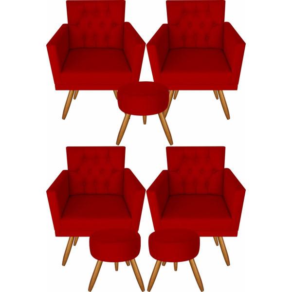 Imagem de Kit 4 Poltronas Decorativas Larah Capitonê E 3 Pufs Vermelho