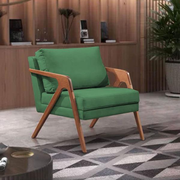 Imagem de Kit 4 Poltronas Decorativas Mona Luxo Linho Verde Base Madeira Maciça