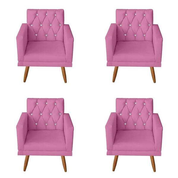 Imagem de Kit 4 Poltronas Decorativas Thais Capitonê Strass Com Rodapé Suede Rose - Móveis Mafer