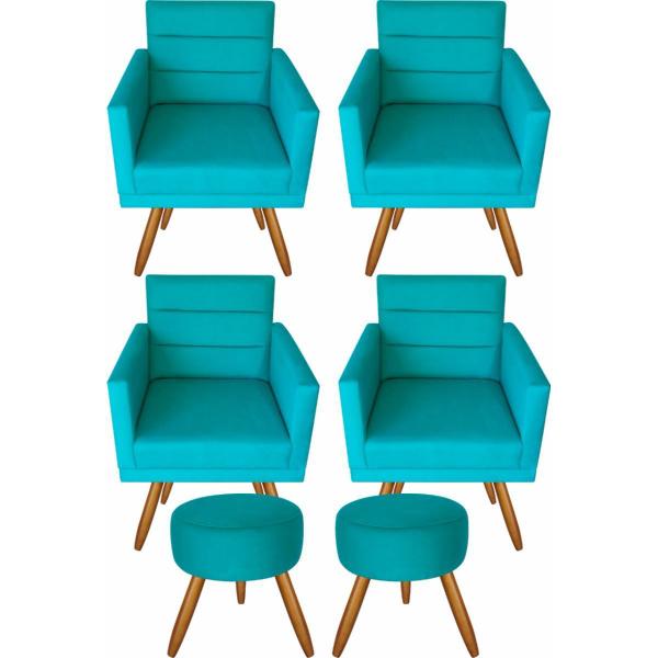 Imagem de Kit 4 Poltronas Luxo Decorativas Nina E 2 Puff Azul Turquesa