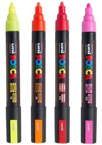 Kit 4 Posca PC-5M Fluor Amarelo, Laranja, Rosa e Vermelho - UNI Imagem de Kit 4 Posca PC-5M Fluor Amarelo, Laranja, Rosa e Vermelho