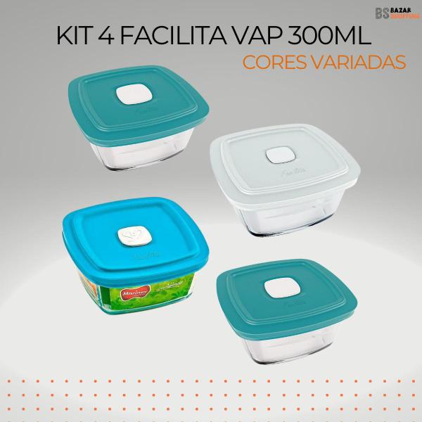 Imagem de Kit 4 Pote Facilita Vap Marmita Marinex Vidro 300ML